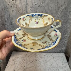Eschenbach Germany US Zone Tea Cup Saucer Set Cobalt Blue Gold Floral C10433